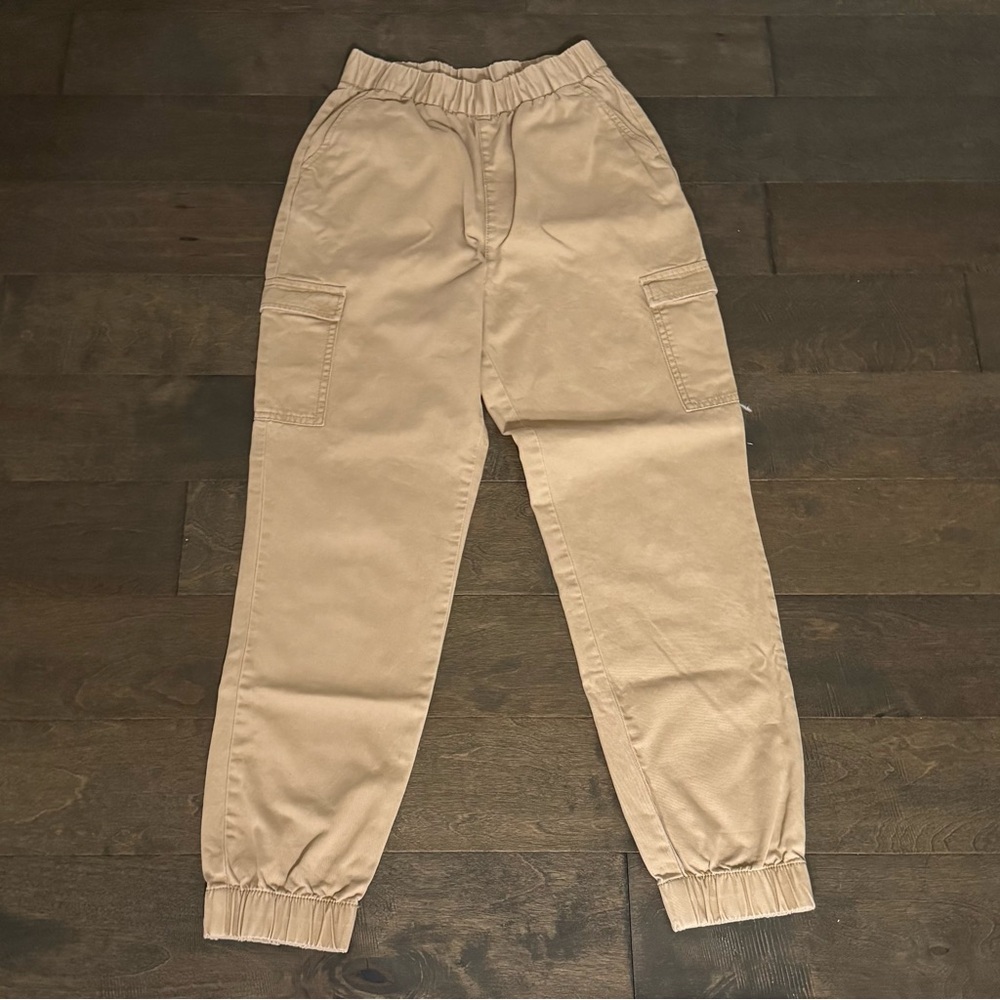 Divided by H&M Beige Cotton Cargo Pants Women Elastic Waist Pockets Tapered sz 2